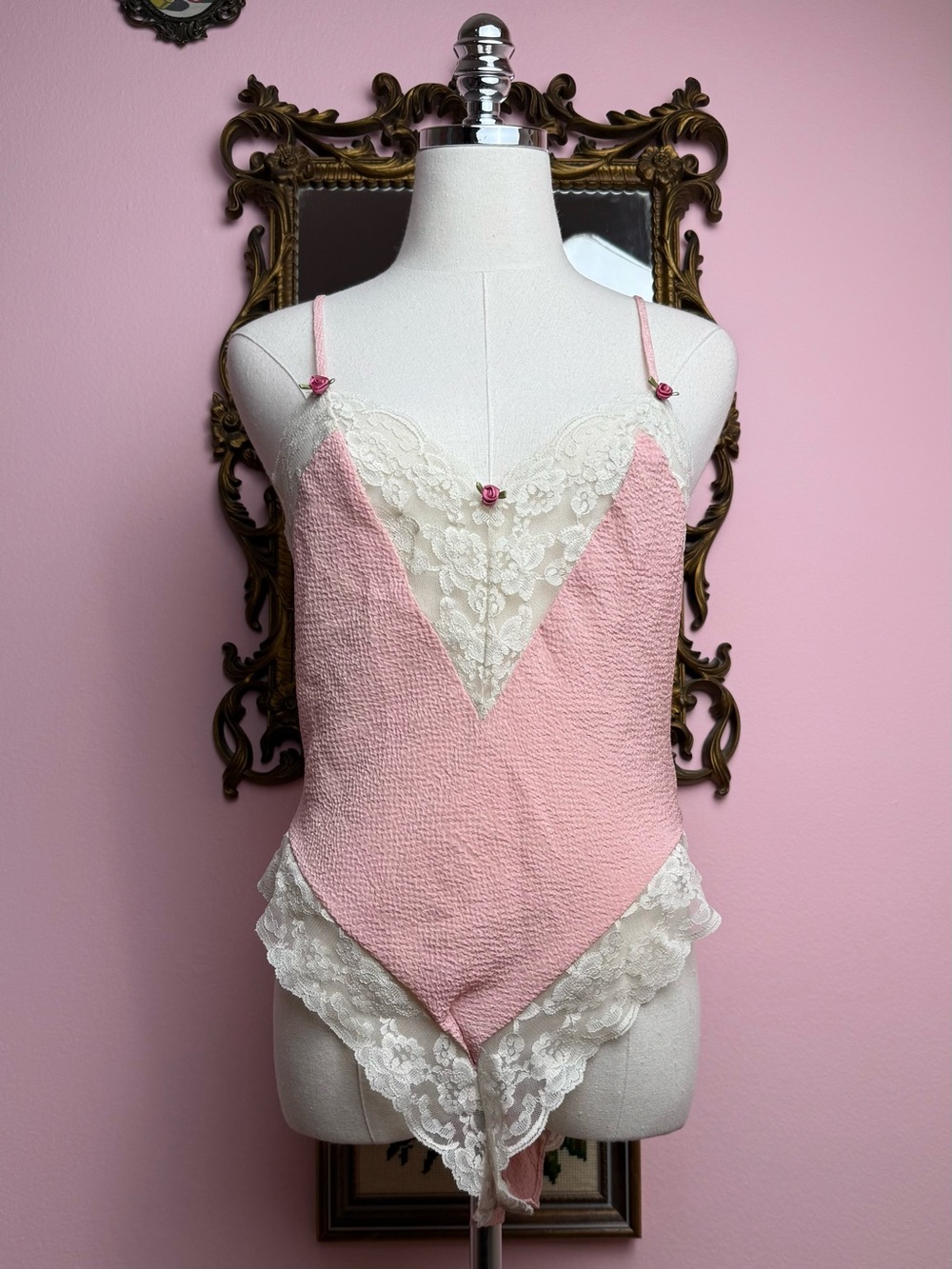 Vintage Victoria's Secret Gold Label Pink Lace Trim Teddy Lingerie Medium